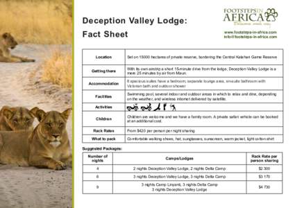 Deception Valley Lodge: Fact Sheet www.footsteps-in-africa.com 