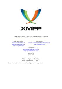 XEP-0201: Best Practices for Message Threads Peter Saint-Andre mailto: xmpp: http://stpeter.im/
