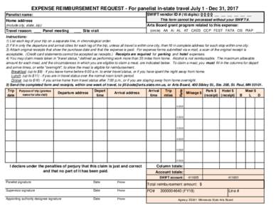 EXPENSE REIMBURSEMENT REQUEST - For panelist in-state travel July 1 - Dec 31, 2017 SWIFT vendor ID # (10 digits): __ __ __ __ __ __ Panelist name:  This form cannot be processed without your SWIFT #.