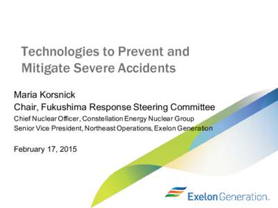 Technologies to Prevent and Mitigate Severe Accidents Maria Korsnick Chair, Fukushima Response Steering Committee Chief Nuclear Officer, Constellation Energy Nuclear Group Senior Vice President, Northeast Operations, Exe