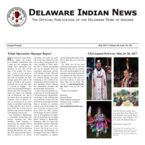 Delaware Indian News The Official Publication of the Delaware Tribe of Indians July 2017 ▪ Volume 40, Issue No. III