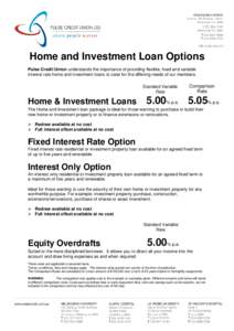 Home and Investment Loan Options Pulse Credit Union understands the importance of providing flexible, fixed and variable interest rate home and investment loans to cater for the differing needs of our members. Standard V
