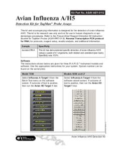 Kit Part No. ASAY-ASYAvian Influenza A/H5 Detection Kit for TaqMan® Probe Assays  This kit and accompanying information is designed for the detection of avian influenza