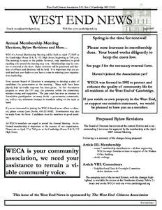 West End Citizens Association P.O. Box 13 Cambridge MDWEST END NEWS Email:   Web Site: www.cambridgemd.org