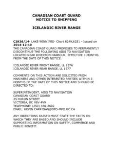 CANADIAN COAST GUARD NOTICE TO SHIPPING ICELANDIC RIVER RANGE C2926/14- LAKE WINNIPEG- Chart 6249,[removed]Issued on[removed]