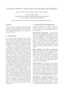 Automotive Software: Characteristics and Reengineering Challenges Vincent Schulte-Coerne, Andreas Thums, Jochen Quante Robert Bosch GmbH Corporate Sector Research and Advance Engineering Software P. O. Box, 7044