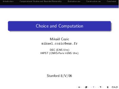 Introduction  Computational Studies and Bounded Rationality Evaluative use