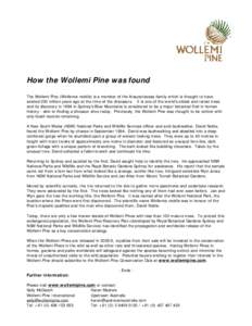 How the Wollemi Pine was found The Wollemi Pine (Wollemia nobilis) is a member of the Araucariaceae family which is thought to have existed 200 million years ago at the time of the dinosaurs. It is one of the world’s o