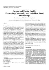The Journal of Mental Health Policy and Economics J Ment Health Policy Econ 4, Income and Mental Health: Unraveling Community and Individual Level Relationships