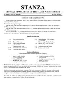 STANZA  OFFICIAL NEWSLETTER OF THE MAINE POETS SOCIETY VOLUME 24, NUMBER 1  MARCH 2016