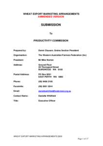 WHEAT EXPORT MARKETING ARRANGEMENTS AMMENDED VERSION SUBMISSION To PRODUCTIVITY COMMISSION