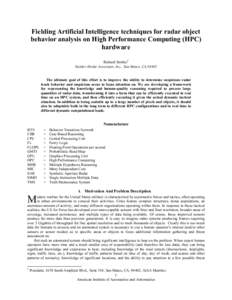 Fielding Artificial Intelligence techniques for radar object behavior analysis on High Performance Computing (HPC) hardware Richard Stottler1 Stottler Henke Associates, Inc., San Mateo, CA,94402