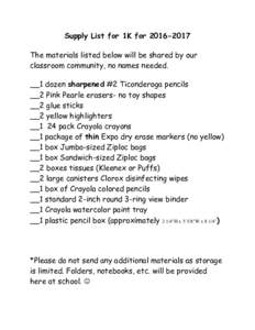 Supply List for 1K forThe materials listed below will be shared by our classroom community, no names needed. __1 dozen sharpened #2 Ticonderoga pencils __2 Pink Pearle erasers- no toy shapes __2 glue sticks