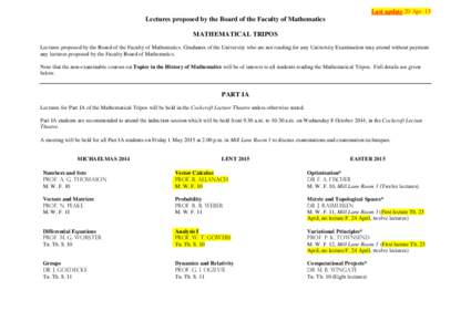 Lectures proposed by the Board of the Faculty of Mathematics