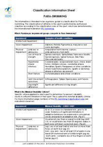 Classification Information Sheet PARA-SWIMMING This information is intended to be a generic guide to classification for ParaSwimming. The classification of athletes in this sport is performed by authorised