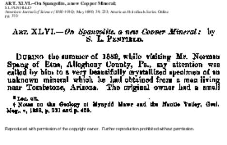 ART. XLVI.--On Spangolite, a new Copper Mineral; S L PENFIELD American Journal of Science); May 1890; 39, 233; American Periodicals Series Online pgReproduced with permission of the copyright owner. Fur