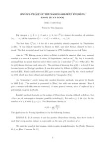LINNIK’S PROOF OF THE WARING-HILBERT THEOREM FROM HUA’S BOOK (with a correction) Notes by Tim Jameson (k)