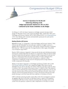 Answers to Questions for the Record On the Budget and Economic Outlook for 2014 to 2024 Following a Hearing by the House Committee on the Budget