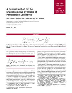 ORGANIC LETTERS A General Method for the Enantioselective Synthesis of Pantolactone Derivatives