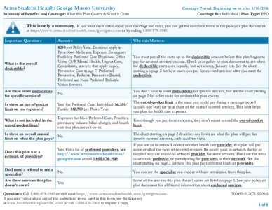 Aetna Student Health: George Mason University  Coverage Period: Beginning on or afterCoverage for: Individual | Plan Type: PPO  Summary of Benefits and Coverage: What this Plan Covers & What it Costs