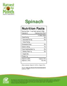 Spinach Nutrition Facts Serving Size: 1 cup fresh spinach (30g) Calories 6 Calories from Fat 0 % Daily Value