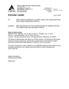Circular Letter #, Meeting Notice of the CalPERS Board of Administration, Its Committees and Advisory Panels