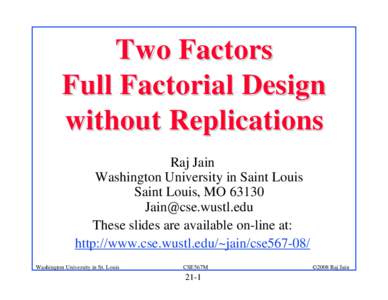 Two Factors Full Factorial Design without Replications Raj Jain Washington University in Saint Louis Saint Louis, MO 63130