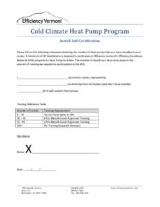 Cold Climate Heat Pump Program Install Self-Certification Please fill out the following statement declaring the number of heat pumps that you have installed in your career. A minimum of 20 installations is required to pa