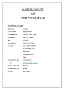 CURRICULUM VITAE FOR PINKY NOMSA MHLEBI PERSONAL DETAILS SURNAME