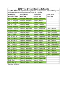 2015 Type 2 Team Rotation Schedule The ONE WEEK call-up period will begin at 0001 hours (Mountain Time) on Fridays and continue through 2400 hours (Mountain Time) on Thursday. Alert Dates Activation Order May 8 - May14