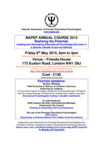 National Association of Principal Educational Psychologists www.napep.org NAPEP ANNUAL COURSE 2015 Realising the Potential. Leading and developing Educational Psychology Services in