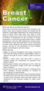 Why we focus on Breast Cancer Breast cancer is one of the most common cancer of females in the western world. Recent molecular analysis has revealed that the traditional, morphological categorisation has underestimated t
