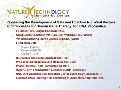 Pioneering the Development of Safe and Effective Non-Viral Vectors and Processes for Human Gene Therapy and DNA Vaccination. Founded 1999, Clague Hodgson, Ph.D. Chief Scientific Officer, VP, R&D, Jim Williams, Ph.D. (200