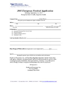 2015 European Festival Application Saturday, September 12, 2015 European Arts & Crafts, Imports & Gifts Company Name _______________________________________Contact Person__________________________ Please print as you wis