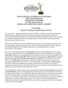 THE NATIONAL ACADEMY OF TELEVISION ARTS AND SCIENCES ANNOUNCES WINNERS AT THE 32nd ANNUAL NEWS & DOCUMENTARY EMMY® AWARDS