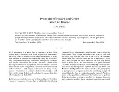 Principles of Nature and Grace Based on Reason G. W. Leibniz Copyright ©2010–2015 All rights reserved. Jonathan Bennett [Brackets] enclose editorial explanations. Small ·dots· enclose material that has been added, b