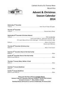Catholic Parish of St Thomas More Mount Eliza Advent & Christmas Season Calendar 2014