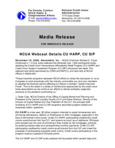 Media Release - NCUA Webcast Details CU HARP, CU SIP