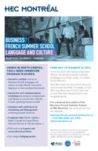  Business  French Summer School  Language and culture Montreal (Quebec) – Canada  Unique in North America,