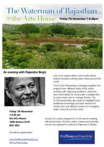 The Waterman of Rajasthan @the Arts House Friday 7th November 7-8.30pm  An evening with Rajendra Singh