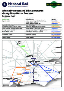 Alternative routes and ticket acceptance during disruption on Southern Regional map Southern route  Alternative route