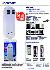 PT4USB4A Surge protected outlet + 4 USB Charging outlets 4.2Amp Surge protected power outlet with 4 USB Charging outlets (4.2Amp Total).
