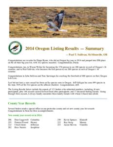 2014 Oregon Listing Results — Summary — Paul T. Sullivan, McMinnville, OR Congratulations are in order for Diana Byrne, who did an Oregon big year in 2014 and jumped into fifth place on the all-time big year list, wi