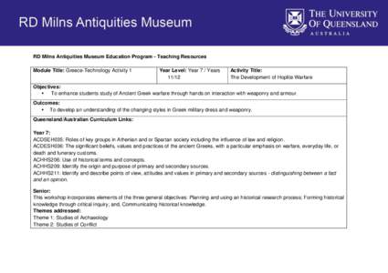 RD Milns Antiquities Museum Education Program - Teaching Resources Module Title: Greece-Technology Activity 1 Year Level: Year 7 / Years 11/12
