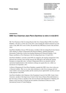 SNB Vice Chairman Jean-Pierre Danthine to retire in mid-2015
				SNB Vice Chairman Jean-Pierre Danthine to retire in mid-2015