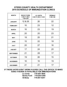 OTERO COUNTY HEALTH DEPARTMENT 2018 SCHEDULE OF IMMUNIZATION CLINICS MONTH ROCKY FORD 8:30-11:30 &