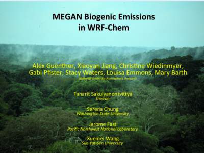 MEGAN	
  Biogenic	
  Emissions	
  	
   in	
  WRF-­‐Chem	
   Alex	
  Guenther,	
  Xiaoyan	
  Jiang,	
  Chris6ne	
  Wiedinmyer,	
   Gabi	
  Pﬁster,	
  Stacy	
  Waters,	
  Louisa	
  Emmons,	
  Mary	
 