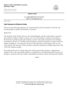 Embassy of the United States of America Khartoum, Sudan Public Affairs Section http://sudan.usembassy.gov  MEDIA NOTE