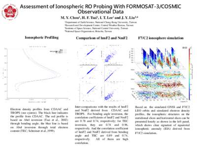 Assessment of Ionospheric RO Probing With FORMOSAT-3/COSMIC Observational Data M. Y. Chou1, H. F. Tsai1, I. T. Lee2 and J. Y. Liu3,4 1Department  of Earth Science, National Cheng-Kung University, Taiwan
