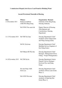 Commission of Inquiry into Excess Lead Found in Drinking Water  Second Provisional Timetable of Hearing Date 2-6 November 2015
